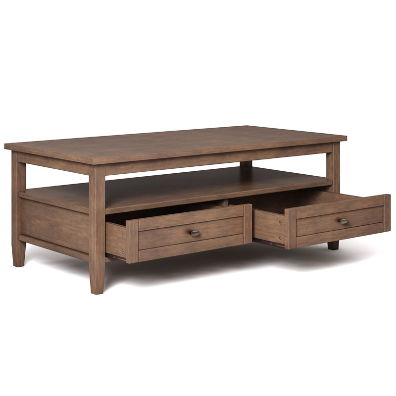 Warm Shaker 48"W Solid Wood Transitional Coffee Table with Storage Drawers and Open Shelf, Rustic Natural Aged Brown