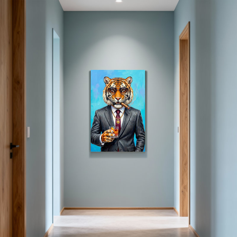 Animaux, tigre en costume avec cigare et boisson, H 30 po x l 20 po