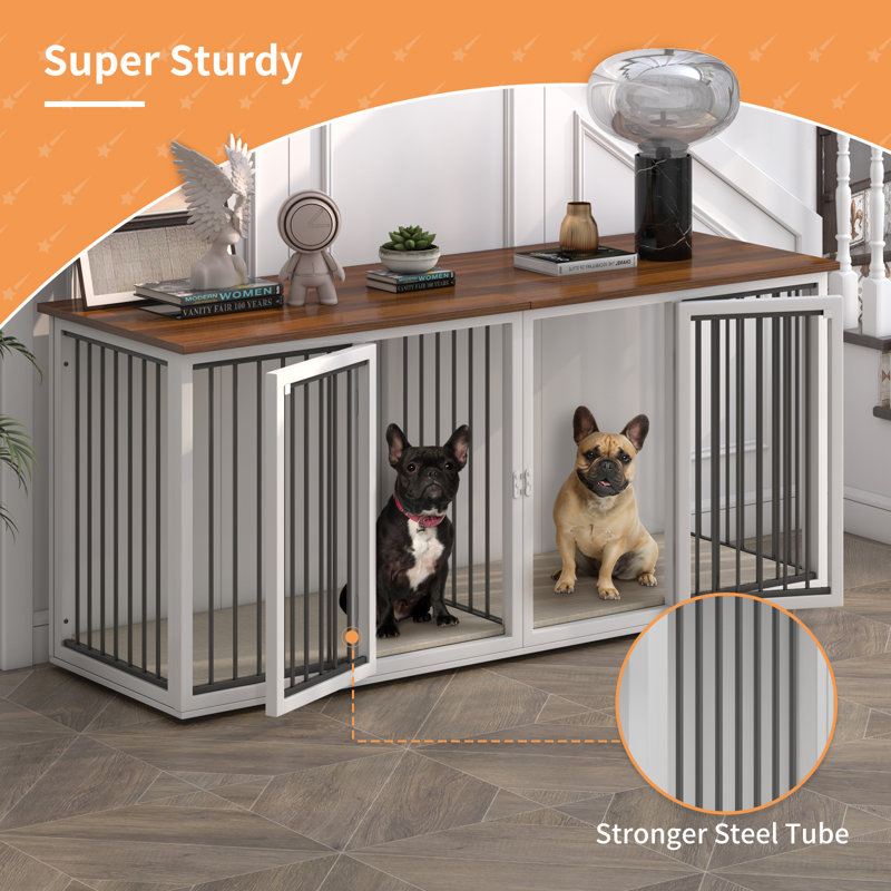 Large White Steel Frame Dog Crate Furniture with Double Doors