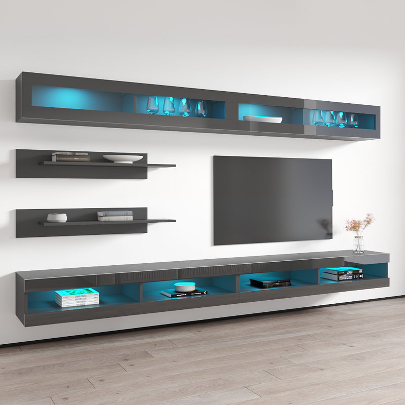 Lonergan 126" Modern Floating Wall Mounted Entertainment Center with 16-Color LED Lighting, High Gloss Finish, Gray