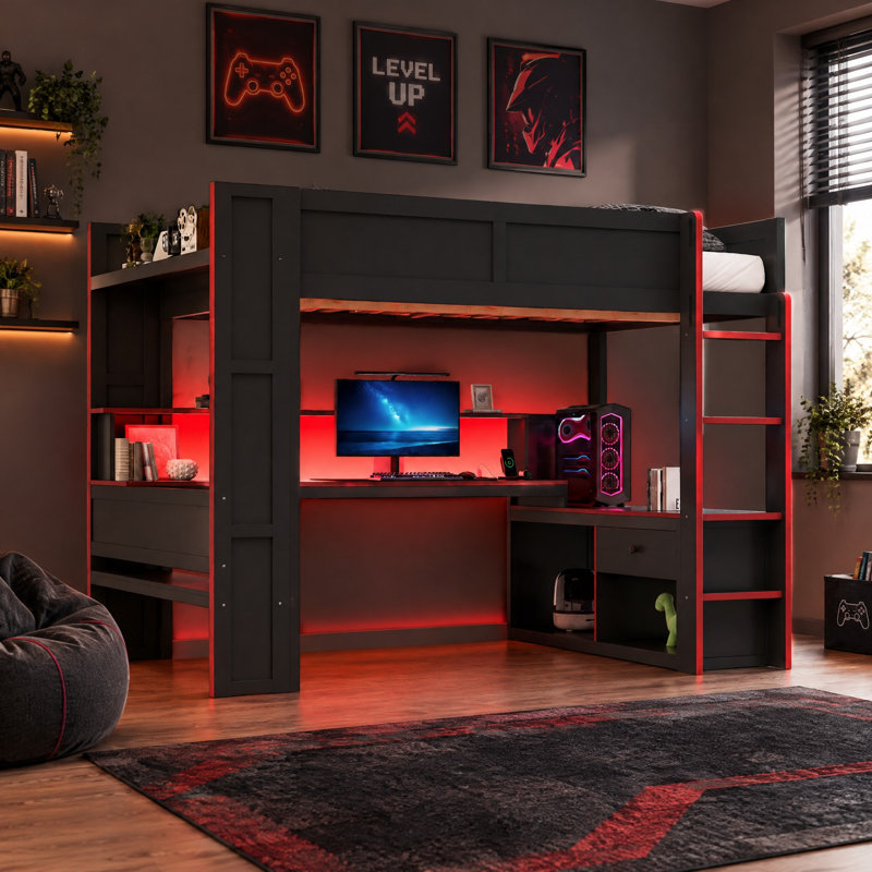 Loft Bed With Built-In Desk And Charging Station, Full, Black & Red