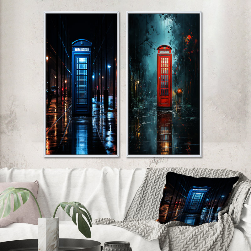 «Blue Téléphone Booth Metropolitan Solitude», 2 pièces sur toile, Cadre blanc, H 20 po x l 24 po