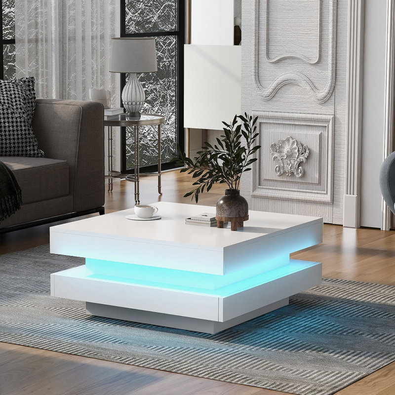 Design minimaliste ultrabrillant avec lumières DEL, table basse carrée à 2 niveaux, table centrale pour le salon, 31,5 po x 31,5 po x 14,2 po, blanc