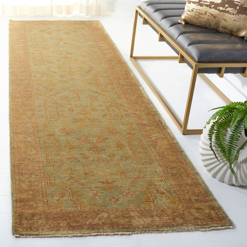 Oushak Oriental Hand-Knotted Wool Soft Green/Rust Area Rug, Runner 3' x 10'