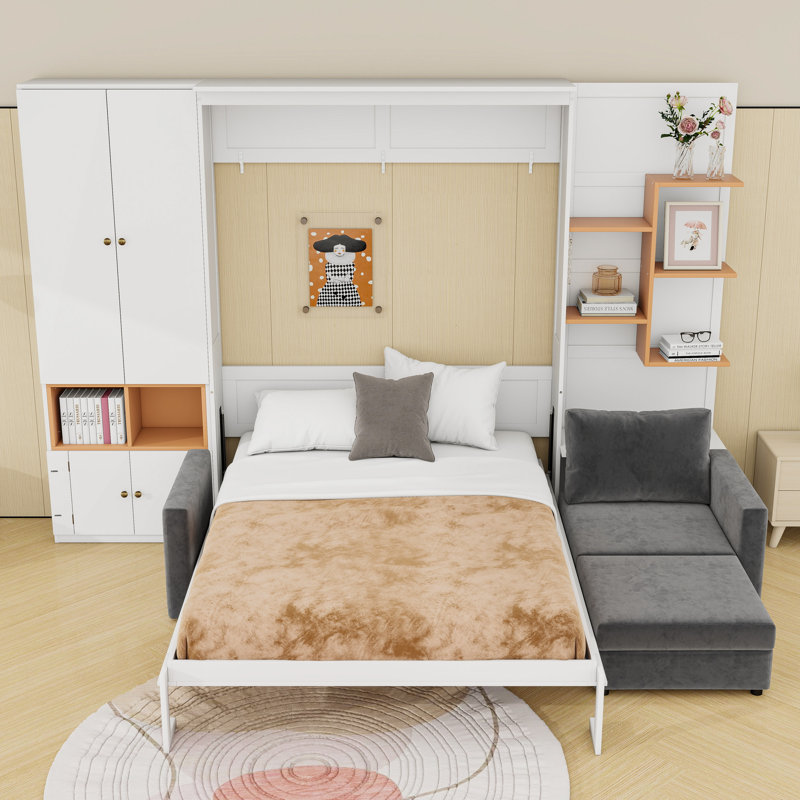 Grand lit escamotable avec canapé intégré et tablettes de rangement, Blanc