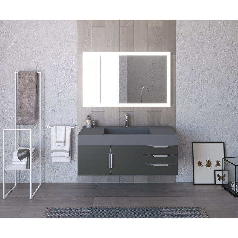 Meuble-lavabo mural simple 48 po avec comptoir à surface solide - base noire, plateau gris, poignées en nickel brossé, gris