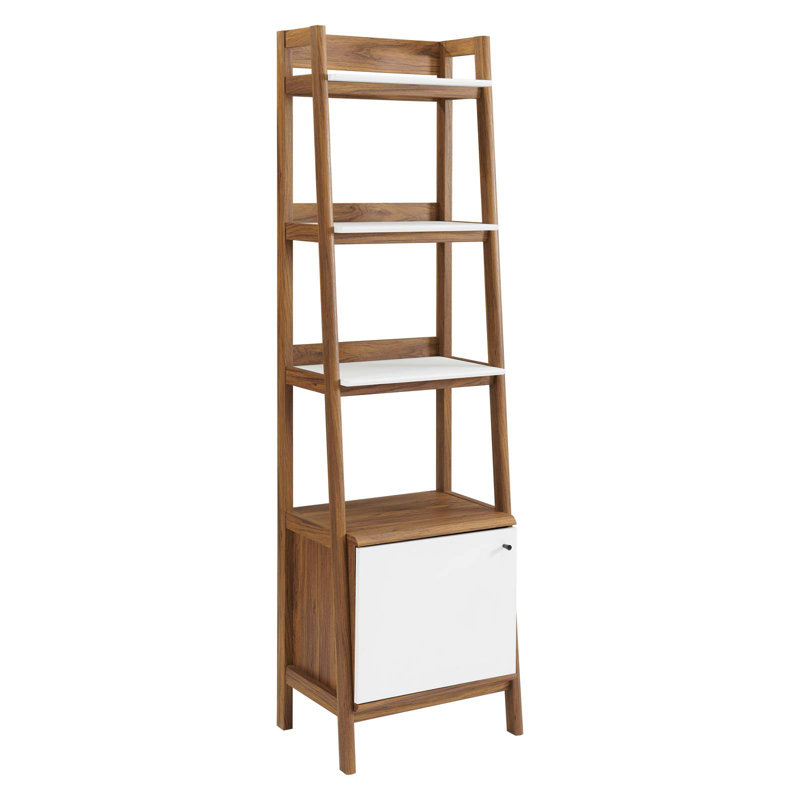 Walnut White 71" Tall Ladder Bookshelf with Concealed Storage