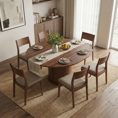 59" Extendable Oval Dining Table with 2-Tier Storage, Walnut Finish MDF, Pedestal Base, Seats 4-6
