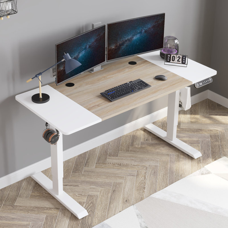 Bureau debout à hauteur réglable électrique Fanchon, H 45 po x l 55 po x P 24 po, Chêne / Blanc