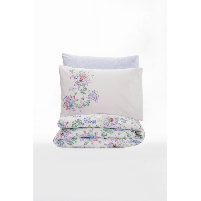 Luxury Ranforce Single XXL Quilt Cover Set, 61 x 87, 100% Cotton, White & Blue & Purple & Green | Machine Washable at 104°F, 145 Thread Count, Button Closure Duvet & Envelope Pillowcase | Soft & Stylish Bedding