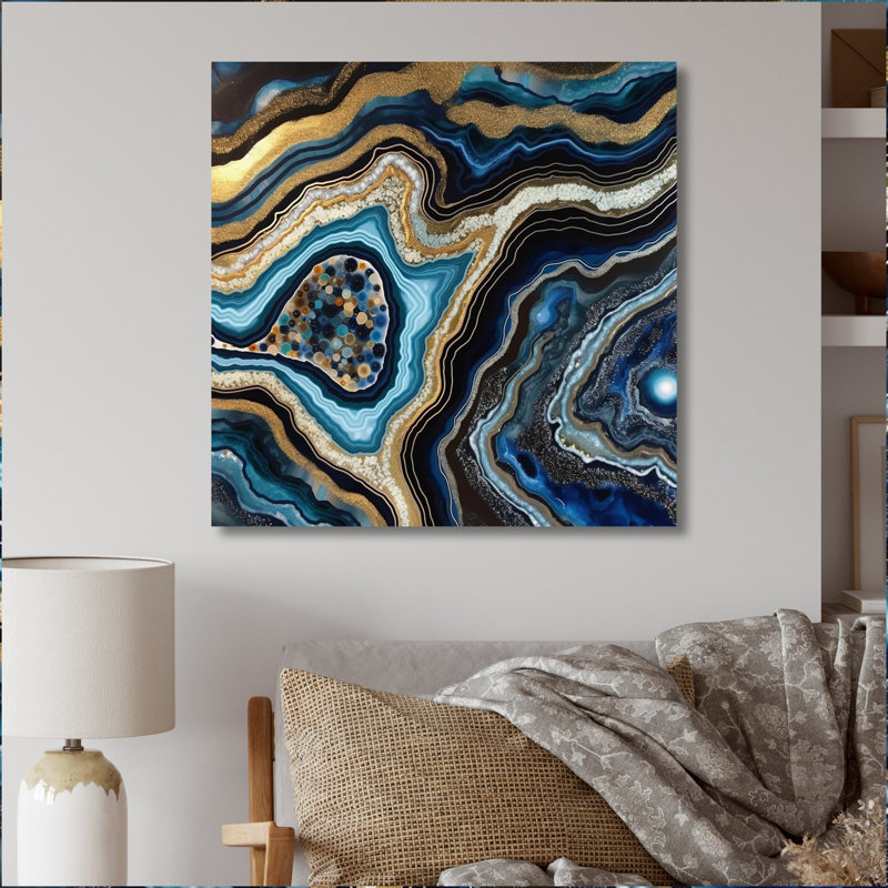 Géodes dorées bleues - Reproduction géodique sur métal, H 29 po x l 29 po x P 1 po