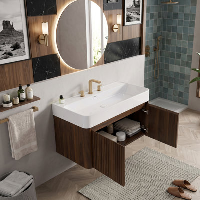 Meuble-lavabo mural moderne de 24"/30"/36"/48" avec lavabo, armoire en chêne/noyer et comptoir blanc brillant/beige crème chaud