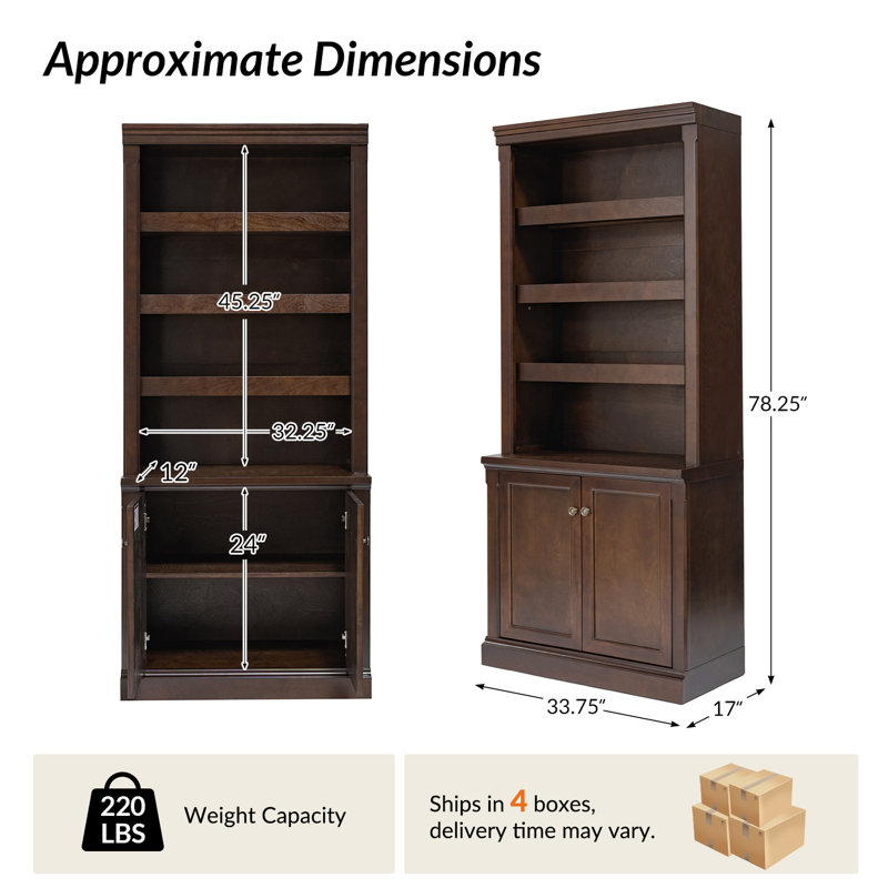 Bibliothèque Connie de style transitionnel, 198 cm (78 po) de hauteur, en bois massif, avec étagères ouvertes réglables et armoire de rangement.
