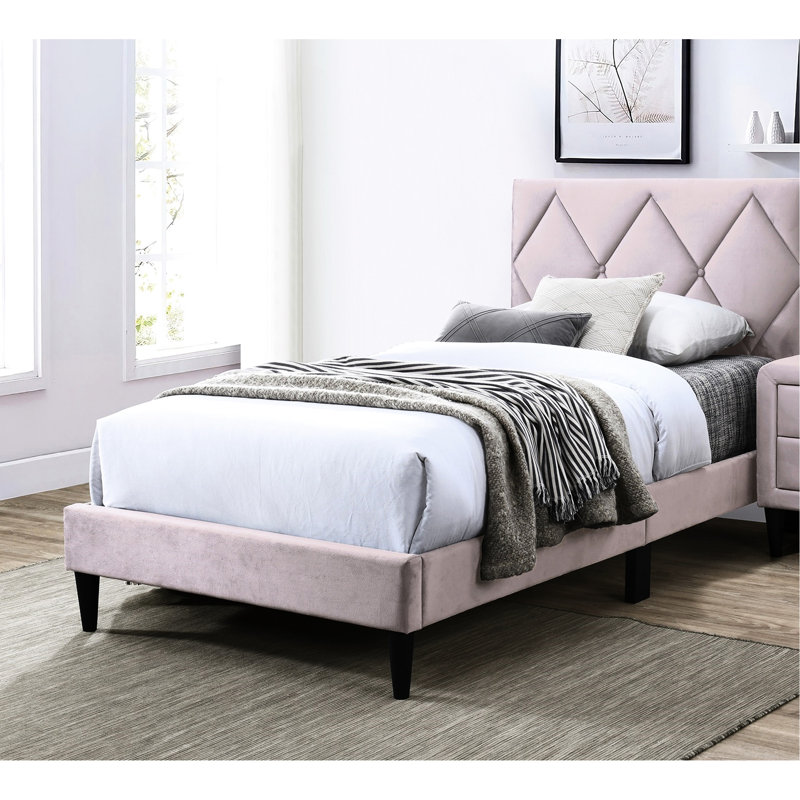Mobilier de chambre double, lit en velours rose avec tête de lit réglable moderne et tête de lit, rembourrage en mousse pour une bonne nuit de sommeil