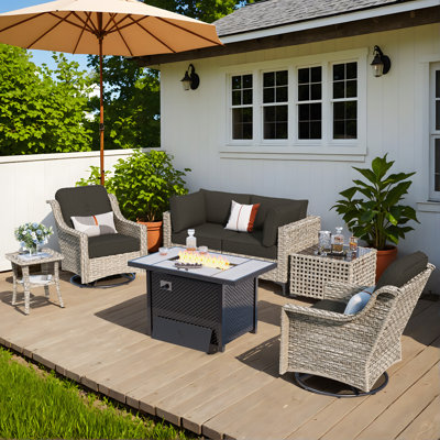 Ensemble modulaire de patio 7 pièces avec chaises berçantes pivotantes, ensemble de revêtement en osier de rotin avec table basse incandescente, ensemble de canapé d'extérieur avec foyer pour terrasse extérieure