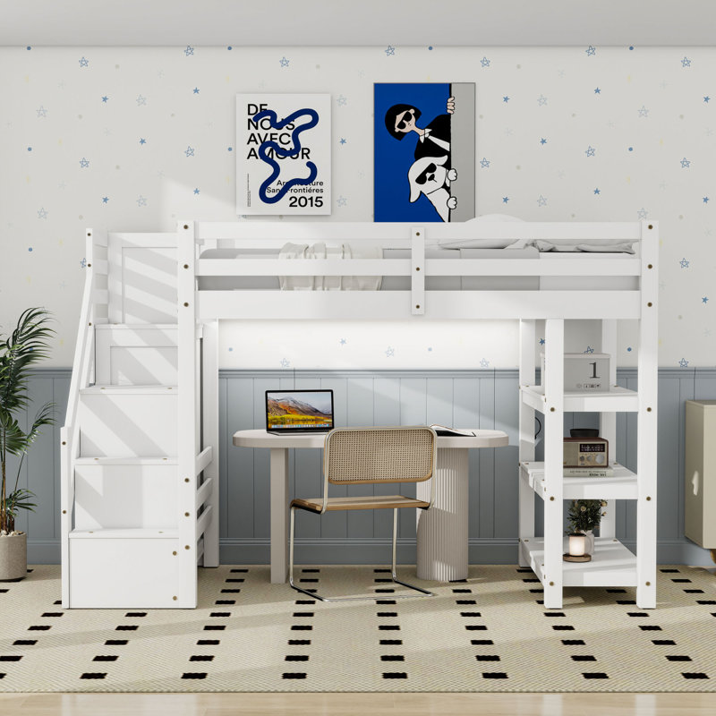 Lit mezzanine avec tablettes, escalier de rangement, garde-robe et lumière DEL, Simple