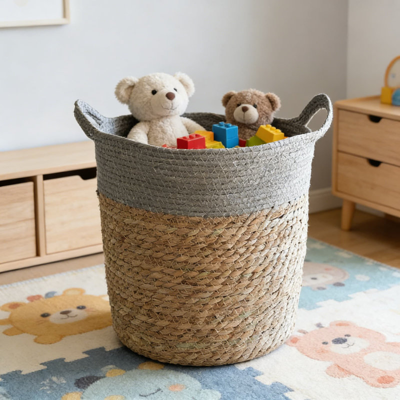 Handwoven Seagrass Storage Basket With Handles, Large Woven Laundry Hamper, Plant Pot Cover, Decorative Home Organizer For Bedroom, Bathroom, And Living Room