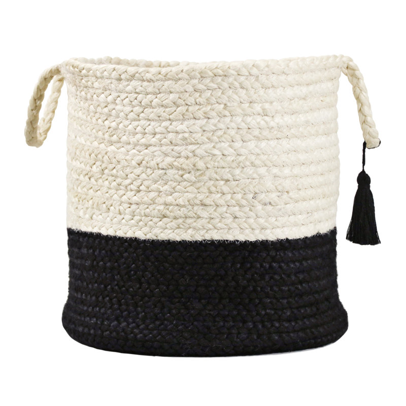 17" Cream and Black Round Jute Storage Basket