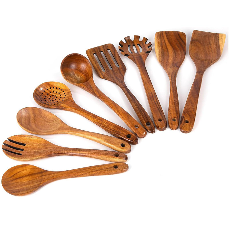 9-Piece Natural Teak Wooden Cooking Utensil Set