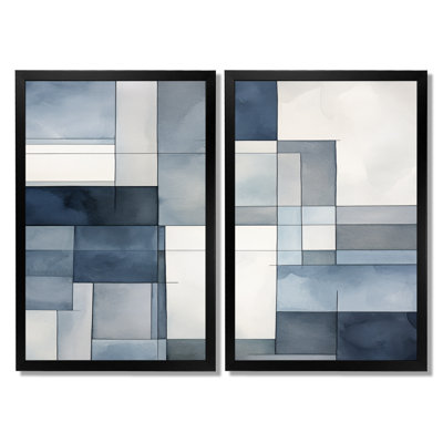 Cubist Dreams, aquarelle en bleu marine rétro délavé - impressions géométriques abstraites encadrées, art mural sur toile bleu