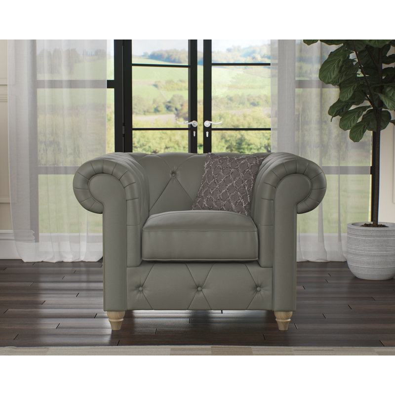 Melrose 115Cm Wide Tufted Genuine Leather Armchair, Stone Grey, Walnut