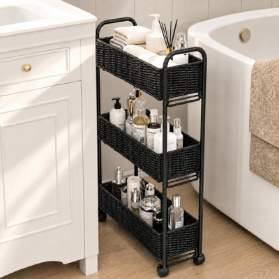 Utility Slim Storage Cart,3-Tier Rolling Kitchen Office Laundry Room Cart,Mobile Shelving Unit Organizer For Living Room Bathroom Baby Diaper Narrow Places, Black
