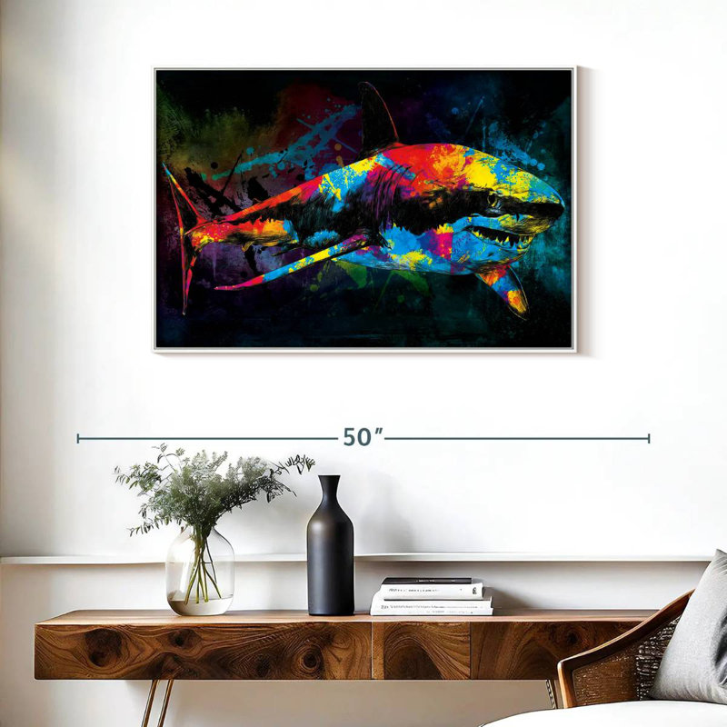 Great White Shark Color Grunge, Floating Frame White, 37" X 25"