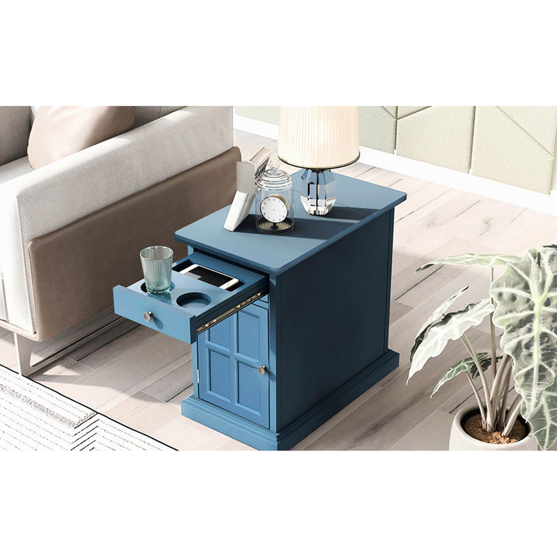 Table d'appoint antique avec porte-gobelets bleu marine. Produit à partir de placages, de bois et de bois d'ingénierie. Rangement relevable, tiroir, fente à distance. Pas d'assemblage. H 23 po x l 14 po x P 24,3 po + plateau en bois. Base solide