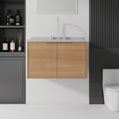 Meuble-lavabo flottant avec lavabo, porte à fermeture douce, comptoir et dosseret en marbre de culture blanc granit 2 po