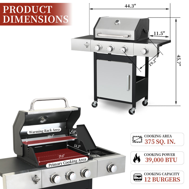 Barbecue au propane à 3 brûleurs GRILL DEPOTS, 39 000 BTU, grilles en fonte émaillée de porcelaine, couvercle isolé à double paroi, brûleur latéral, roues pour la cuisine extérieure