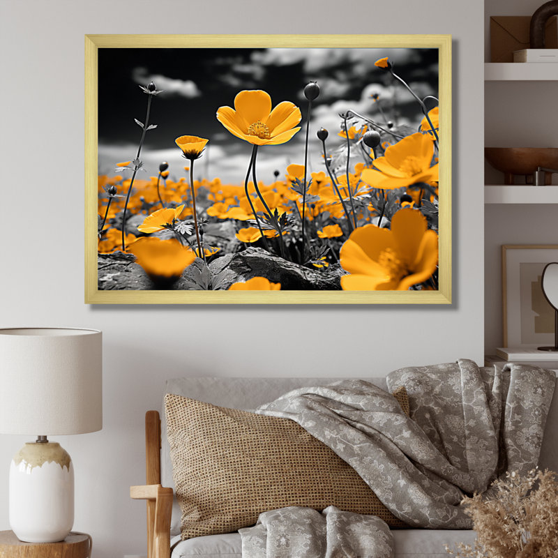 Jaune, jaune, doré, boutons d'or, noir et blanc, impression sur toile encadrée, H 32 po x l 24 po x P 1 po, Or