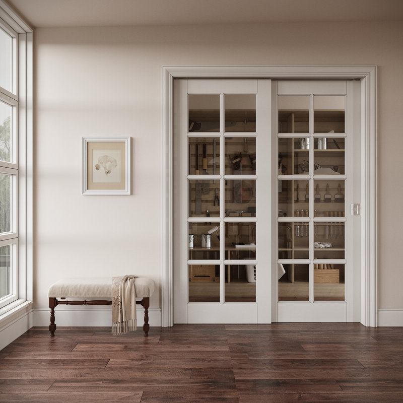 Porte coulissante intérieure à 10 carreaux en verre clair, MDF CARB P2 et verre trempé SGCC, avec cadre renforcé, serrure argentée et quincaillerie de sécurité, préfinie et imperméable, pour garde-manger, chambre et placard, teinture facile à appliquer soi-même, 162,5 cm x 203,2 cm