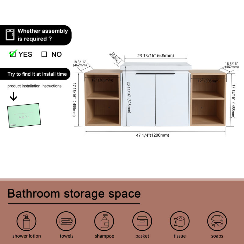 Laprincia 48.14 " W Free Standing Wall Mounted 1 Single Vanity Bathroom Vanity With Ceramic Top