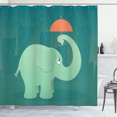 Latitude Run Rain Shower Curtain Holding Umbrella Mint Green Salmon