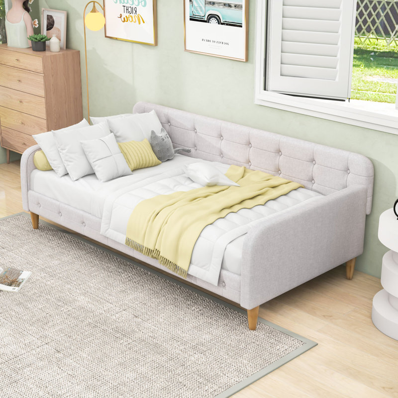 Elegant Linen Upholstered Daybed with Armrests, Beige, Twin