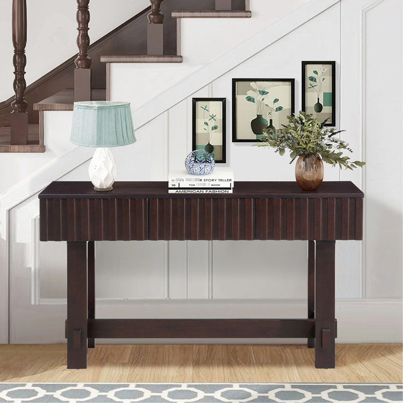 52 Inch Console Table With 3 Drawers, Mid Century . Solid Wood Legs, . Fits Living Room & Entryway Fluted Table, Inch. Pine Ideal For Bedroom