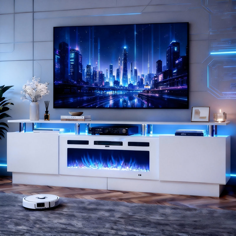 Meuble télé l 80 po avec foyer électrique et lumières DEL Keyle , 23.6” H x 80” L x 13.8” W, Blanc