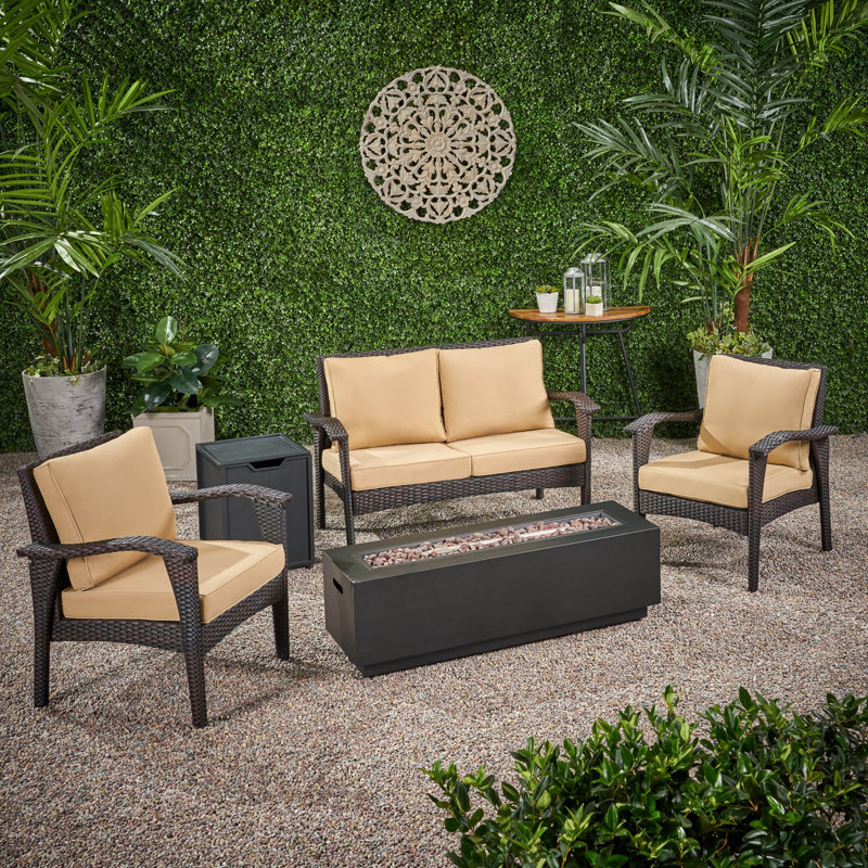 Hilmarsson 4 - Person Patio Conversation Set with Cushions, Brown Frame / Tan Cushion