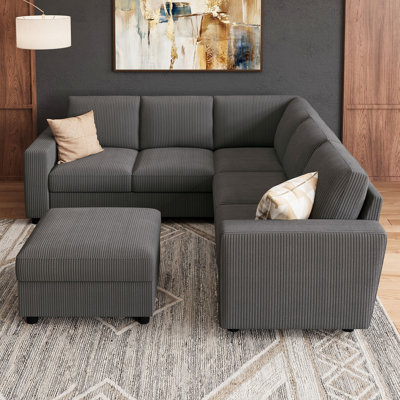 Abramson U-shaped Modular Corduroy Sectional Sofa With Storage Ottoman Dark Gray