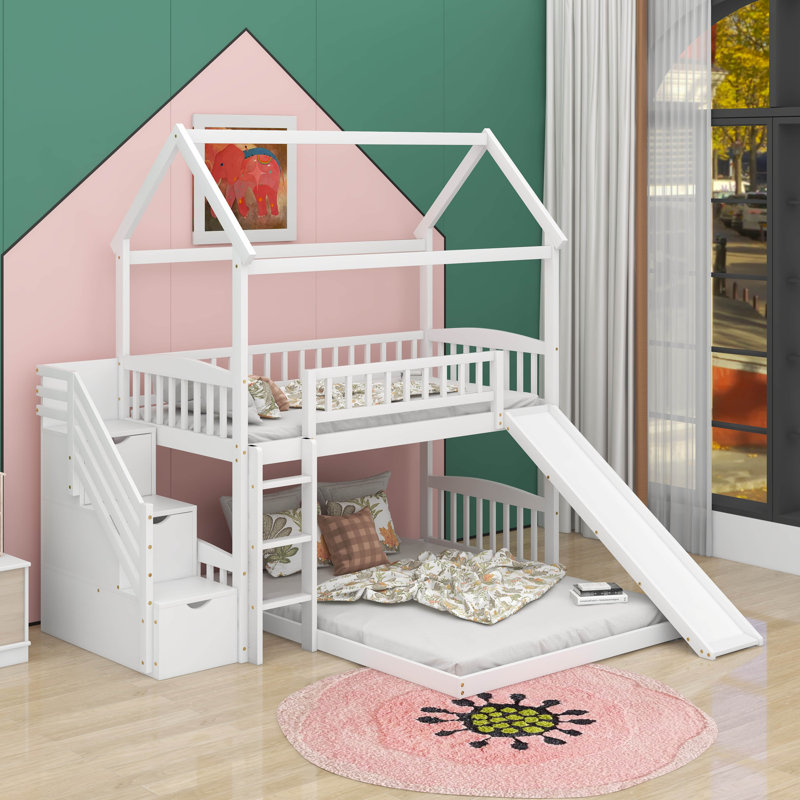 Twin Over Full Bunk Bed With Slide, White