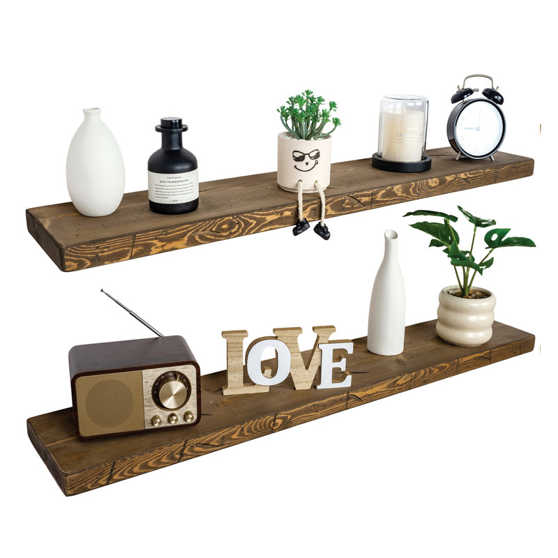 Solid Wood Floating Shelves，Rustic Wooden Wall Shelves, Distressed Walnut, 1.25" H x 48" W x 6.7" D