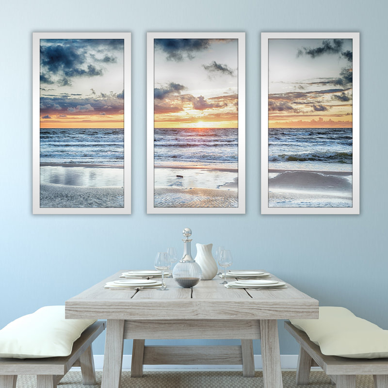 Coucher de soleil à la mer orageuse - ensemble de 3 reproductions de photos sur acrylique, H 25,5 po x l 40,5 po x P 1 po