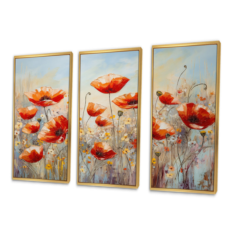 Red Poppies Blossoming II - ensemble d'art mural champ de fleurs, Cadre flottant doré, H 40 po x l 60 po x P 1 po