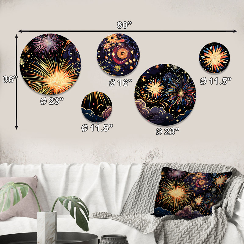 Feu d'artifice céleste céleste - ensemble d'art mural rond 5 pièces