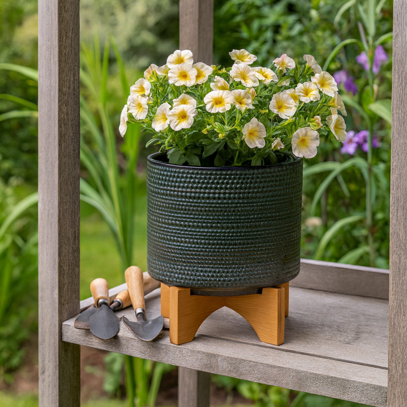 Jardinière en grès avec support en bambou Clingmans - Design moderne et élégant, matériaux de haute qualité, Vert