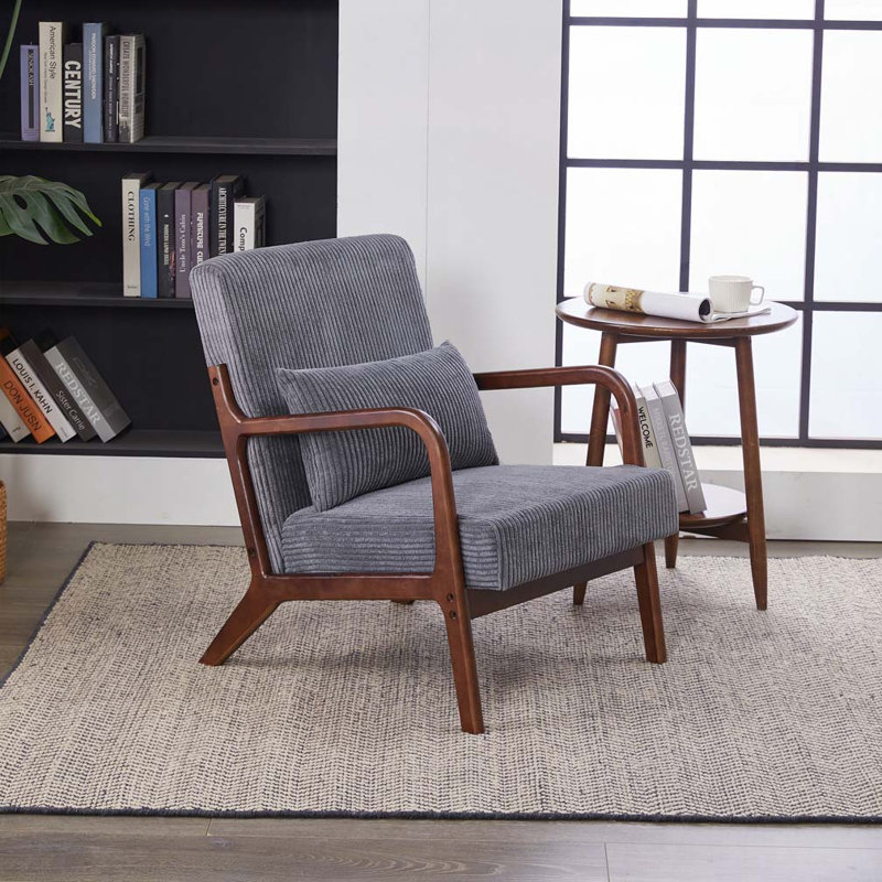 Chaise de lecture rembourrée avec structure en bois massif, Gris, Noyer