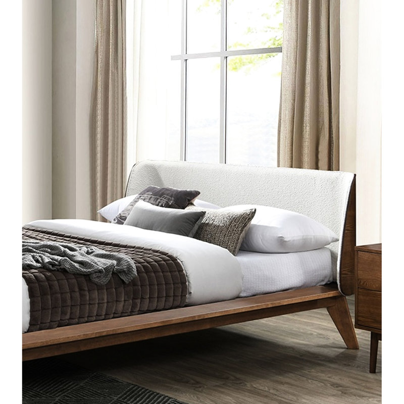Grand lit en bois de noyer massif, lit plateforme moderne de style Mid-Century avec tête de lit à oreilles en tissu et pieds en angle effilés, cadre de couleur matelas, tête de lit, moderne,