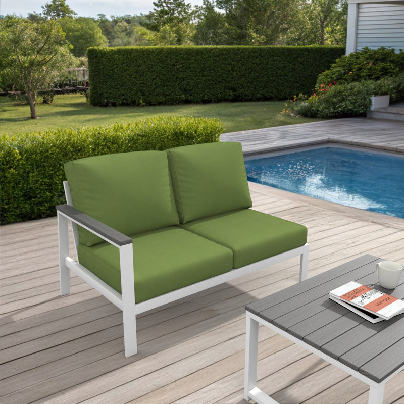 Causeuse modulaire d'extérieur gauche avec coussins Sunbrella, Orienté à gauche (vu de face), Coriandre Spectrum
