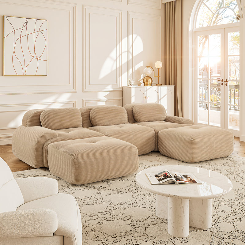 Canapé d'angle modulaire en velours côtelé en forme de U de 295 cm (116 po), assises profondes, mousse 32D, sans assemblage, couleur camel