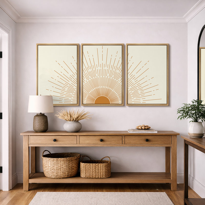 Bright Orange Boho Sun Burst Artwork, Mid-Century Modern Organic Minimalist Wall Pictures, Framed Canvas Giclée Print 3 Pieces Wall Art"